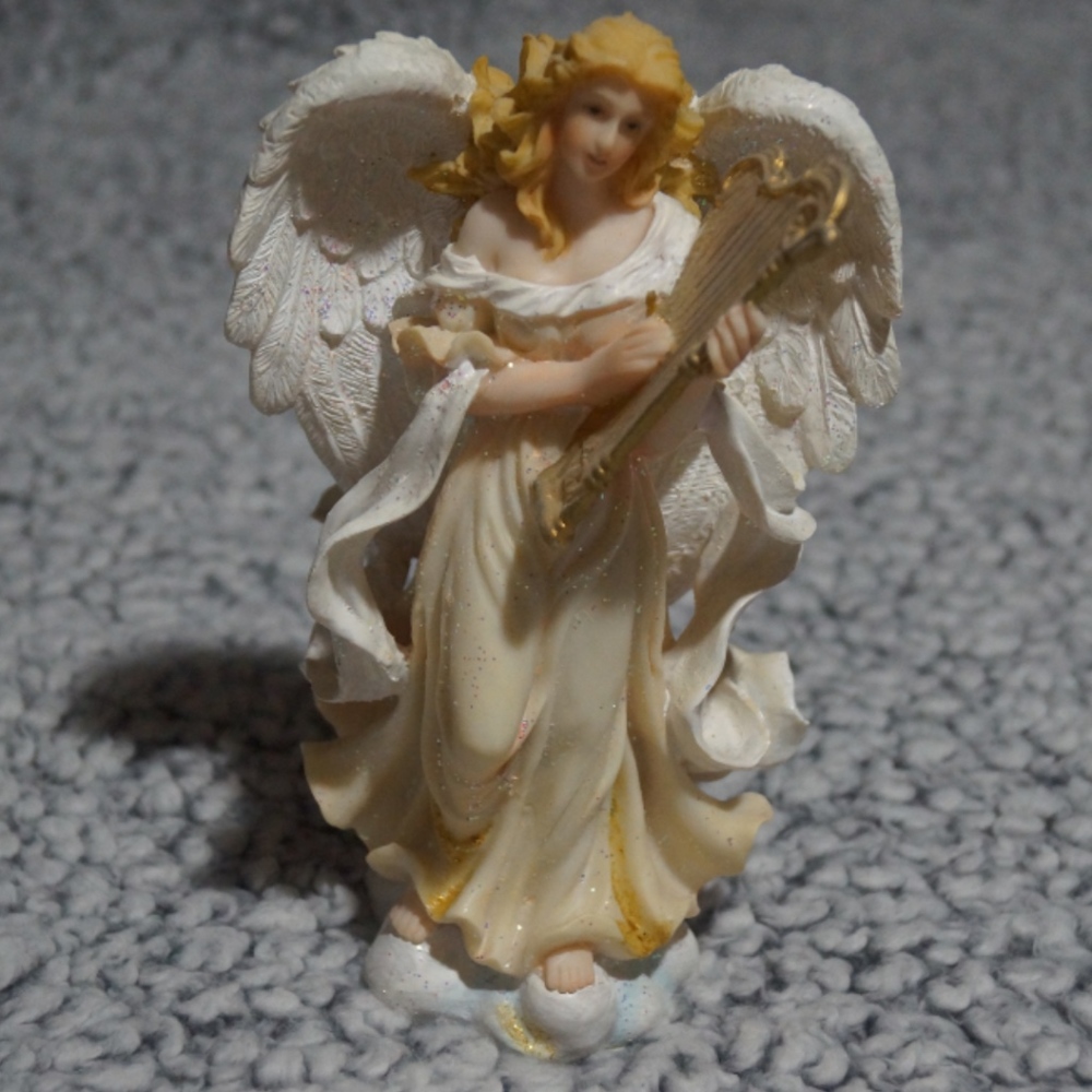 Glitter Angel Holding Harp Figurine